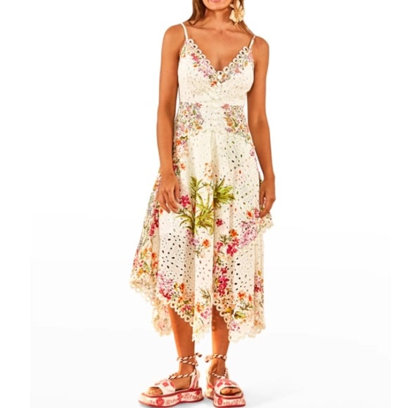 NWT 295 Farm Rio Delicate Forest Scarves Eyelet Midi Dress in Small!
