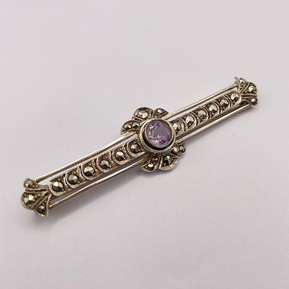Vintage Art Deco German Marcasite Amethyst Color Bar Pin Brooch 1940s