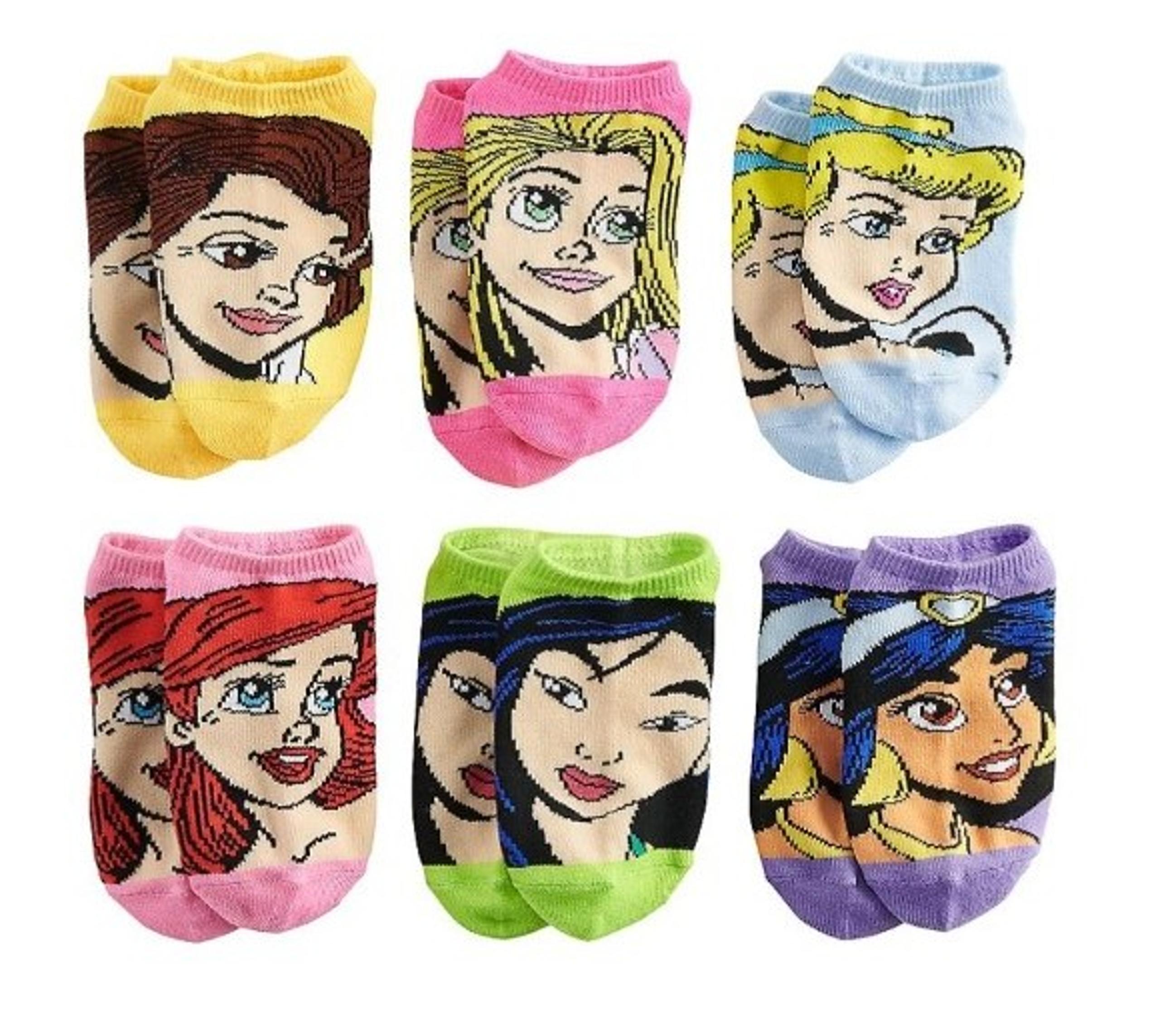 New Disney Girl's No Show 6 Pack Princess Socks (sz Y7.5 - 3.5)
