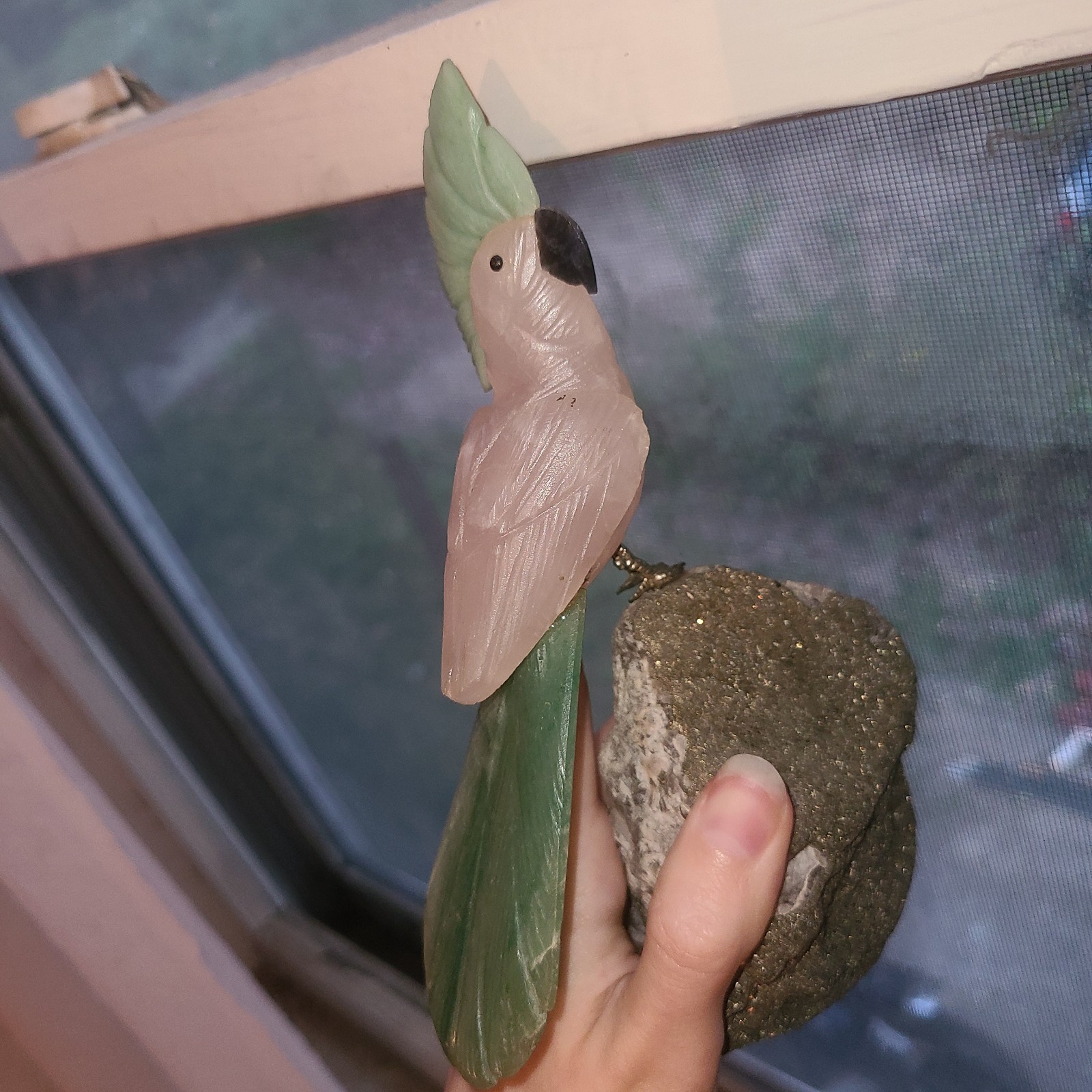 Rose Quartz bird on Galaxy Amethyst