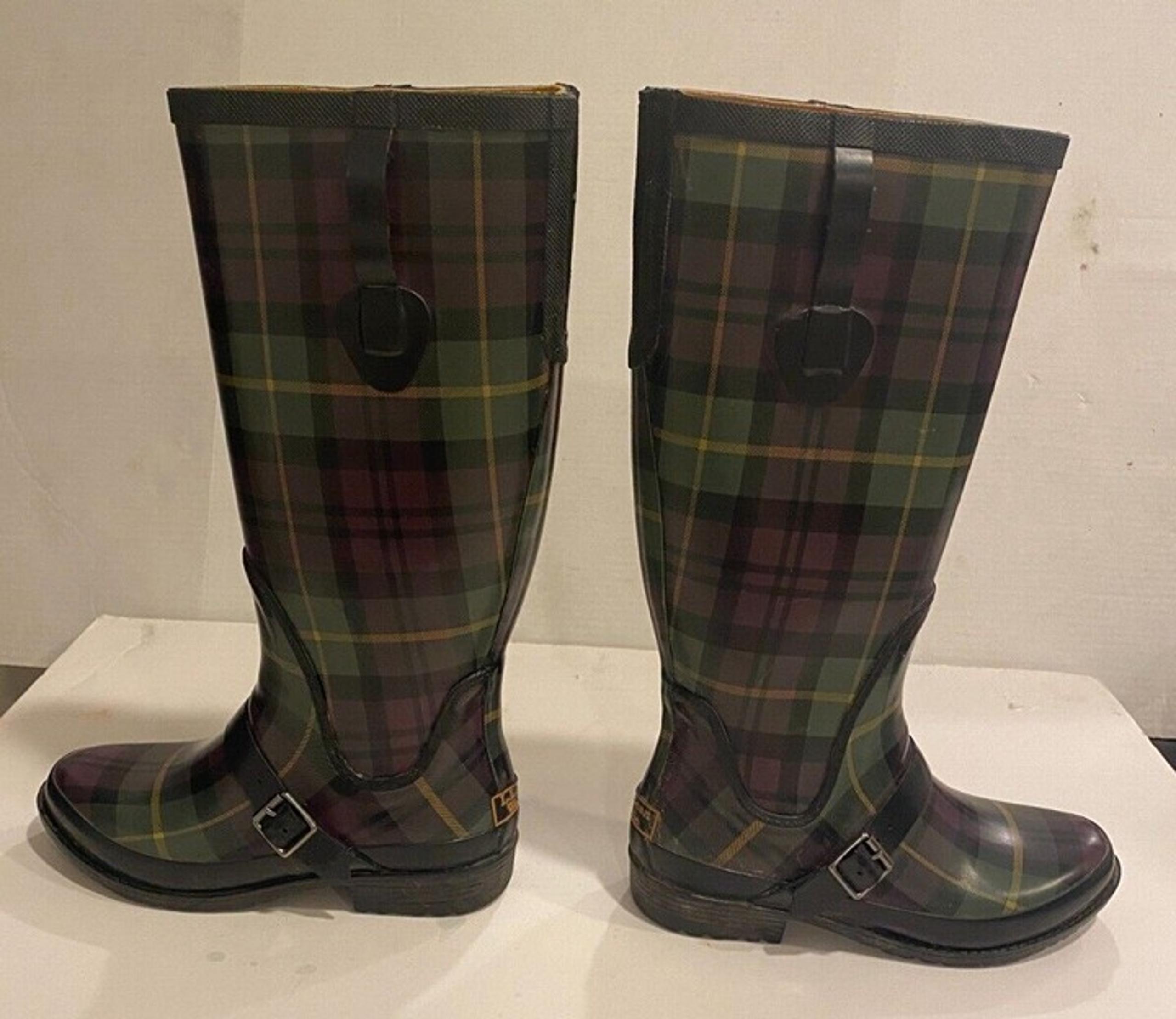 Ladies L.L. Bean Wellies Rain Boot Tall Black Green Purple checked Size 7 M