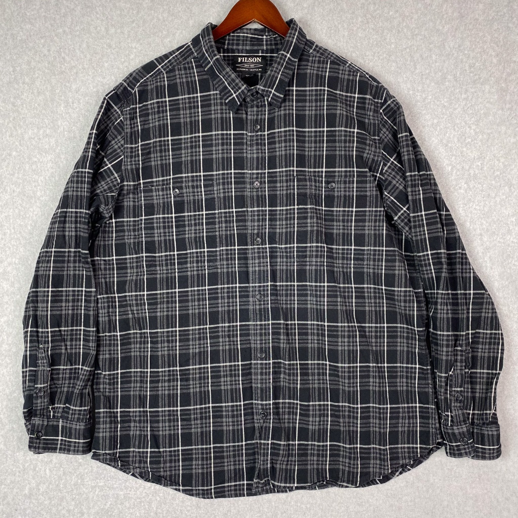 Filson Mens XXL Plaid Flannel Button Up Shirt Long Sleeve Black Grey 2XL