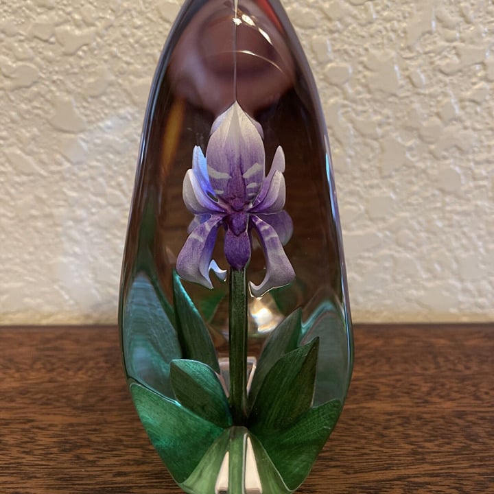 Mats Jonasson Etched Purple Iris 3D Glass paperweight Signed Sweden Maleras