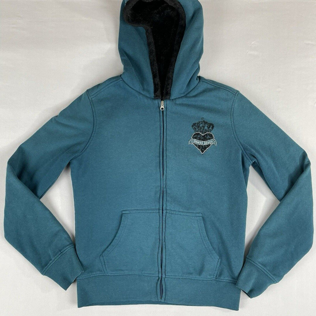 Guess Jeans Faux Fur Lined Zip Up Hoodie Women’s L Teal Black Y2K Grunge