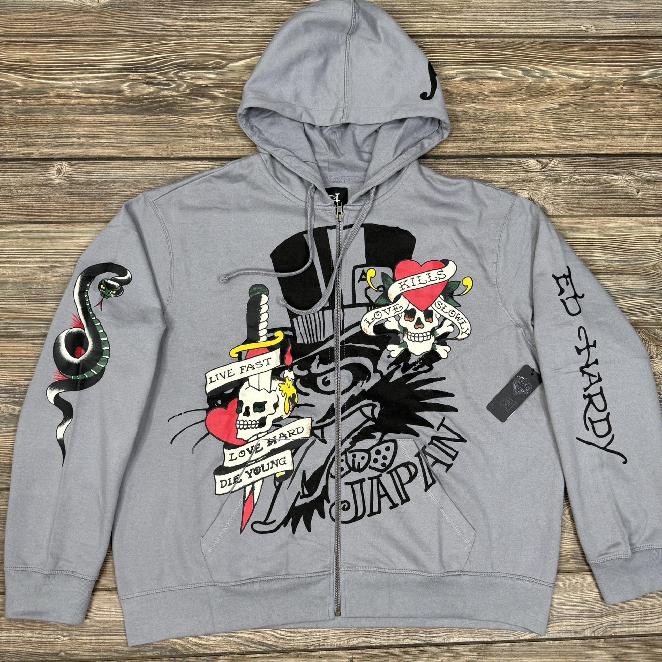Ed Hardy LKS Skull Men's Zip Up Hoodie Gray Size XXL LKS Love Kills Slowly Skull
