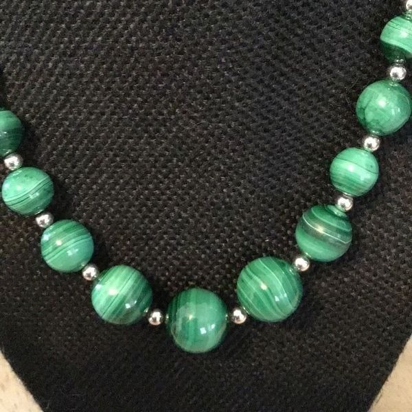 Necklace, African Green Malachite & Sterling Silver Necklace, 17.5\