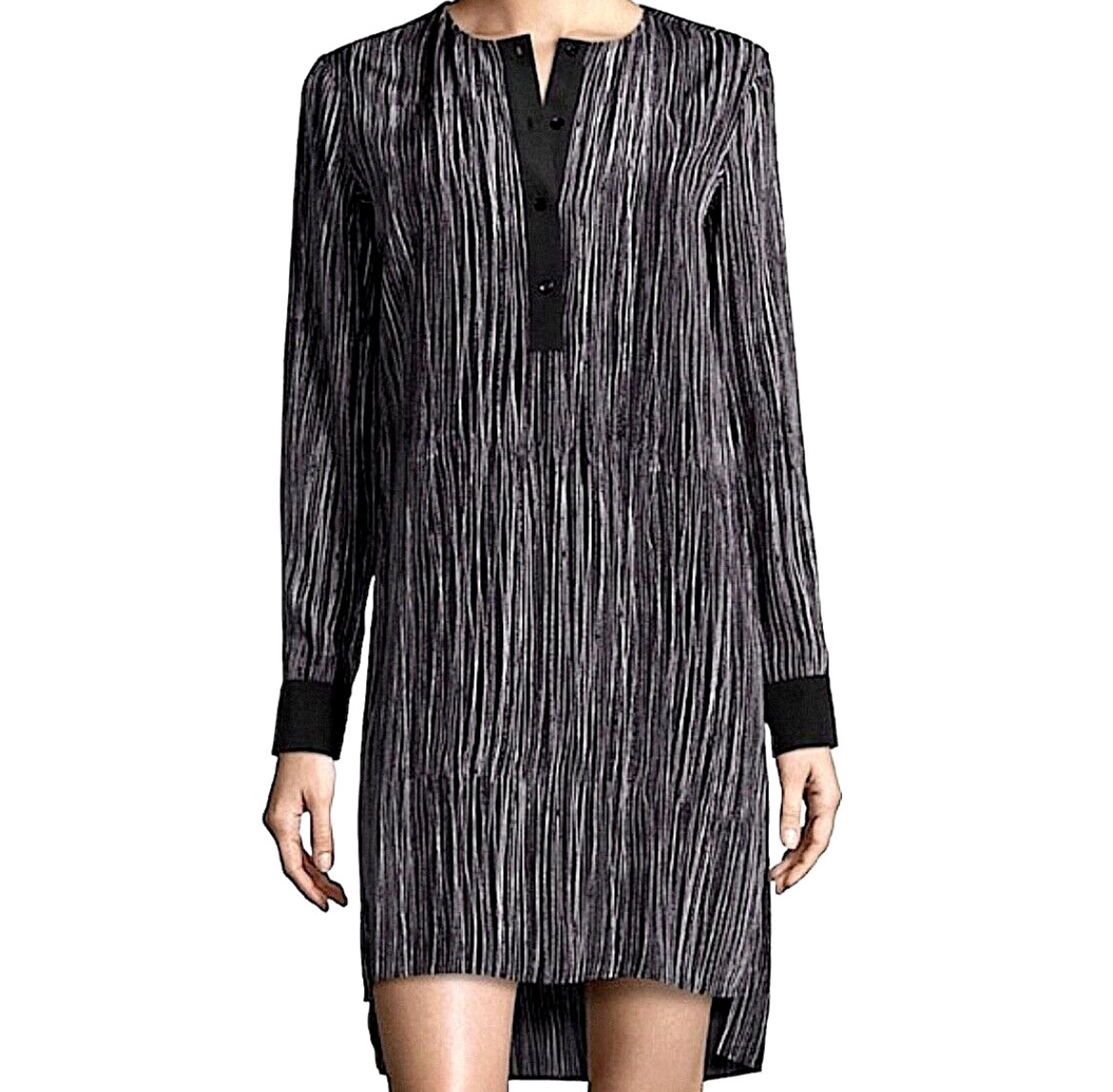 Vince Silk Tunic Dress Striped Size Large Long Sleeve Buttons Black Off White