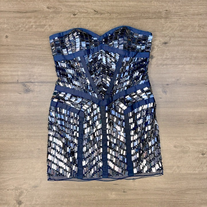 Sherri Hill 21195 navy silver strapless beaded mini dress womens 18 prom formal