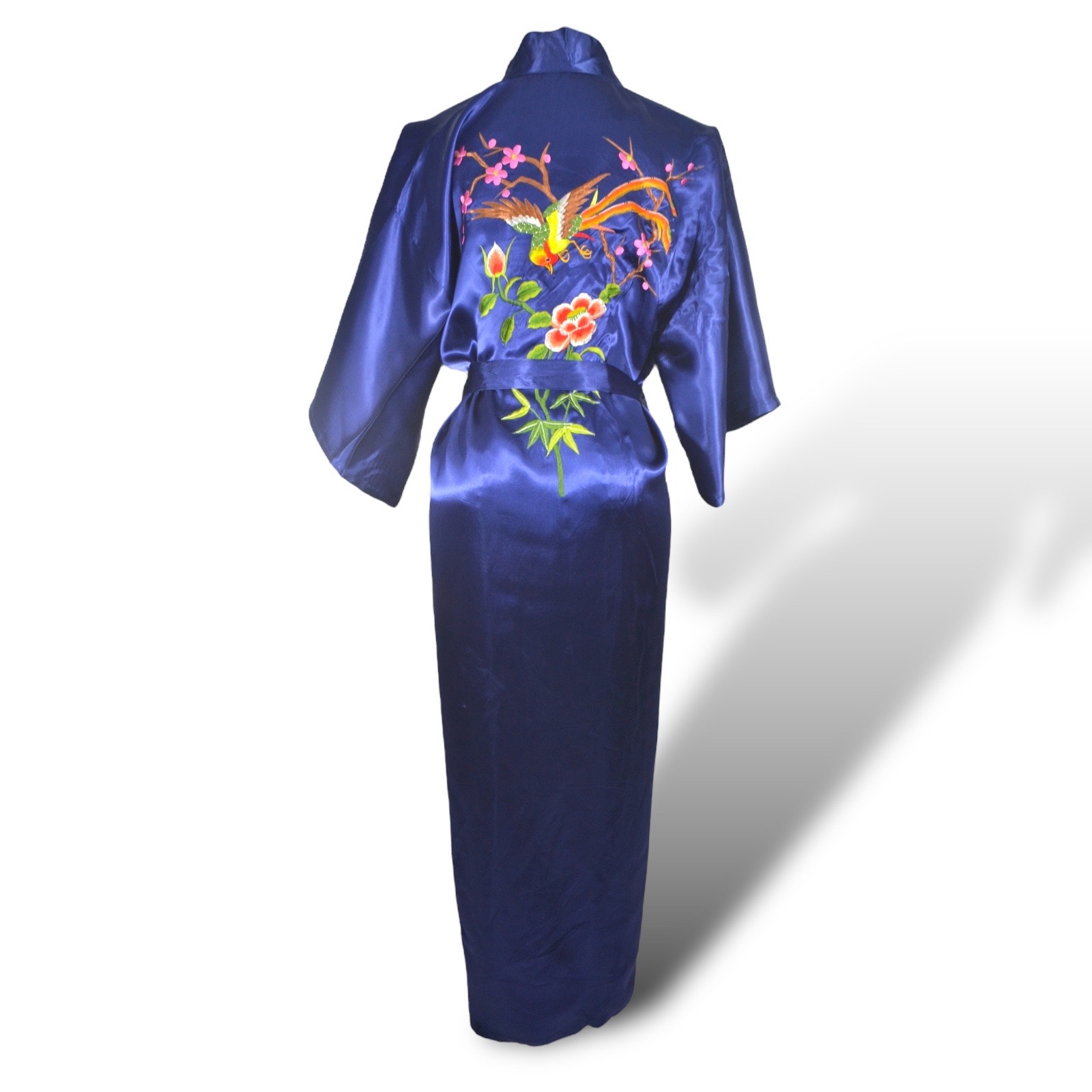 Vintage Blue Satin Kimono Embroidered Boho Floral Bird Glam Dressing Gown Robe S