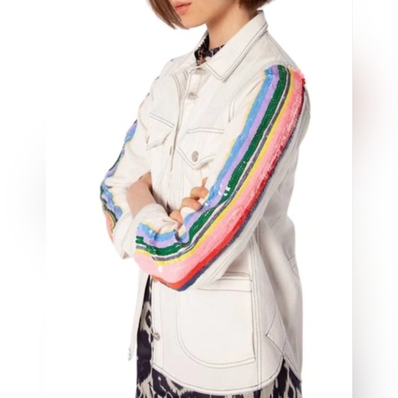 Vilagallo Womens White Cotton Denim Multicolor Sequin Sleeve Jacket