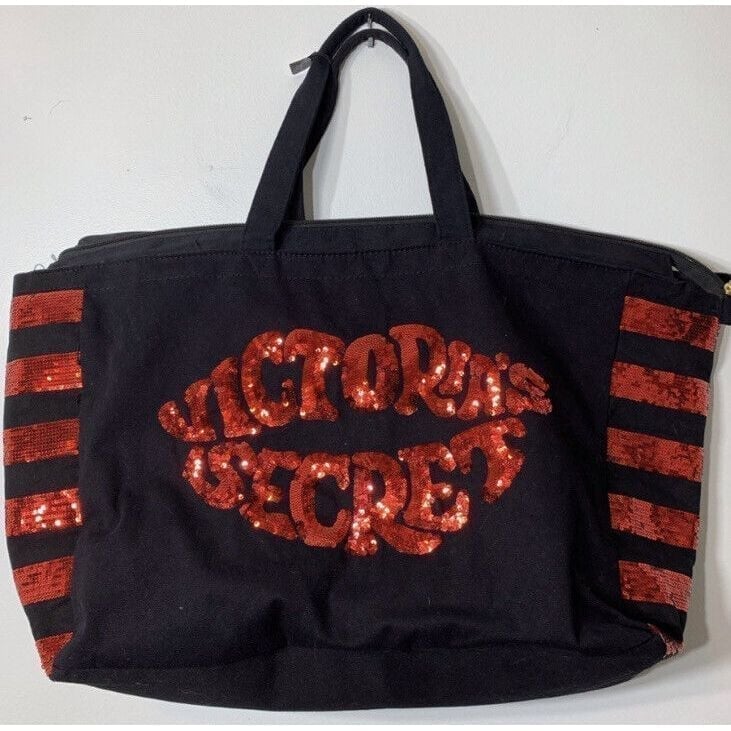 Victorias Secret Sequin Weekender Tote Bag Black Red NWT 2019 Lips Sequins Kiss