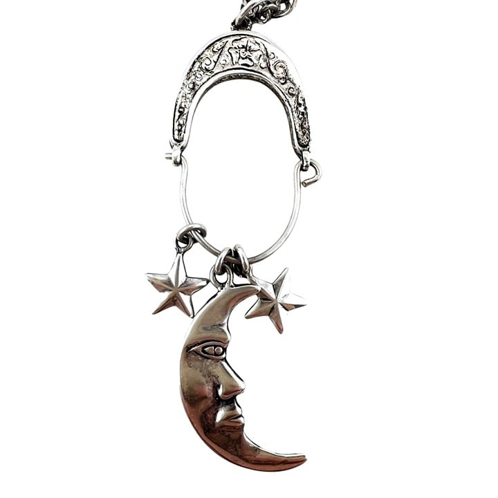 Vintage Sterling Silver Charm Necklace W/ Man In The Moon Charm And Star Charms