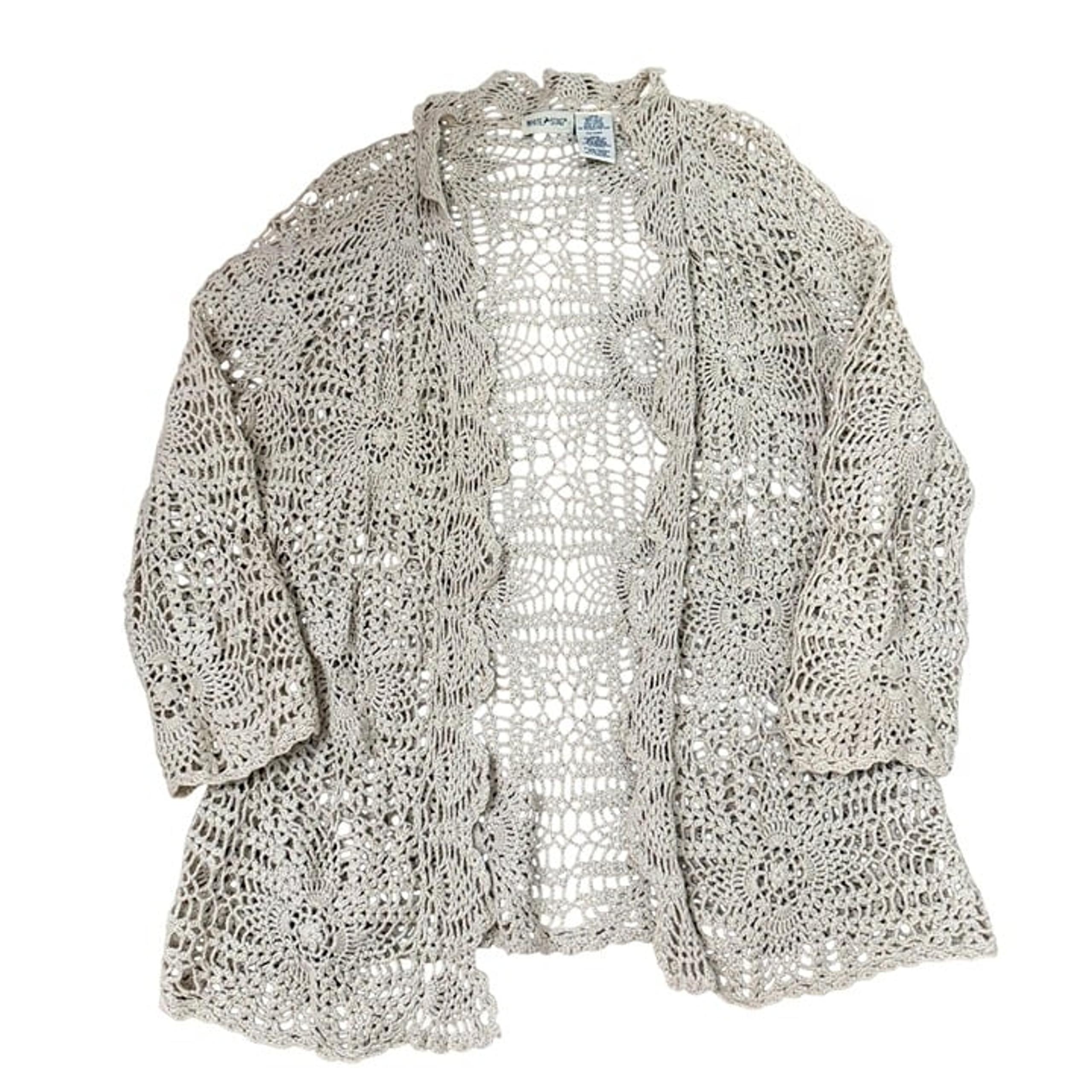 Vintage Y2K White Stag Cream Crochet Long Sleeve Cardigan Sweater Womens Large 1