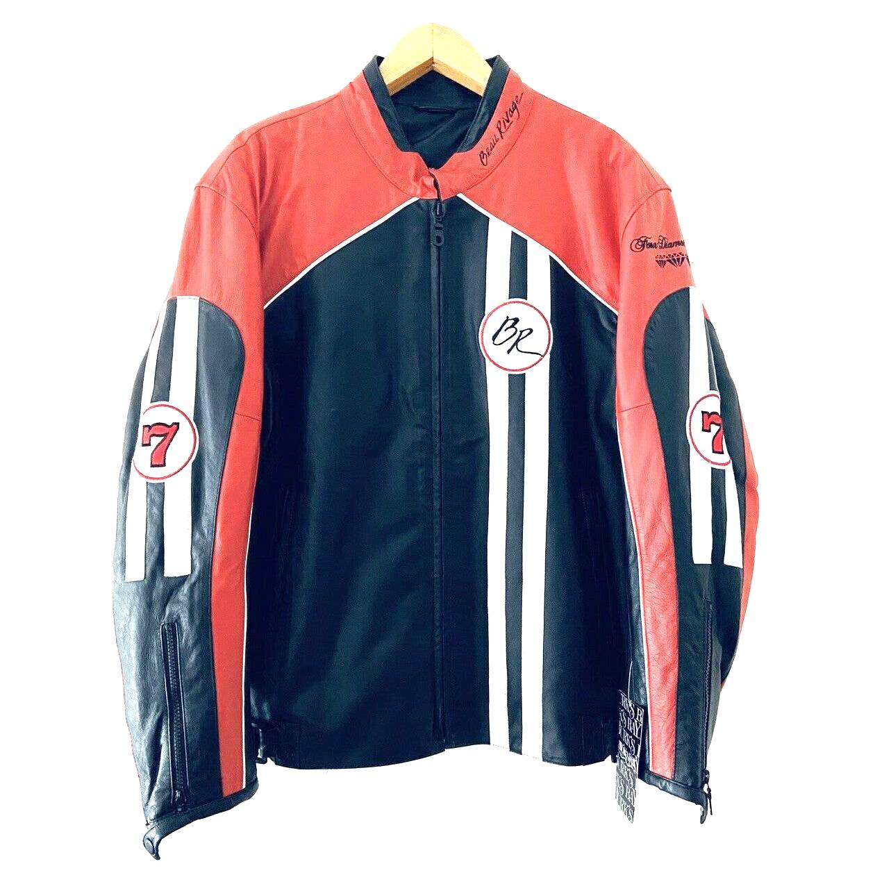 NWT Burks Bay Beau Rivage Leather Bomber Jacket Red Black Flames Sz L