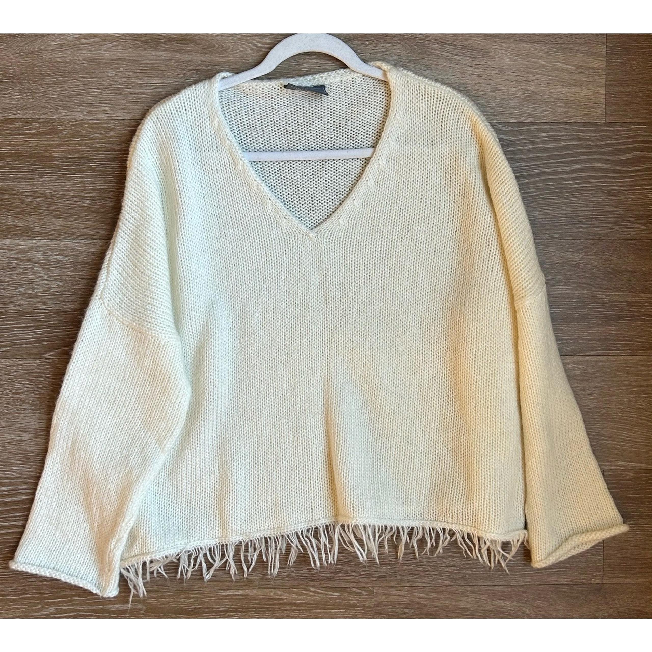 Wooden Ships Wool Blend White Tassle Boxy Oversized Knit Sweater Size M/L