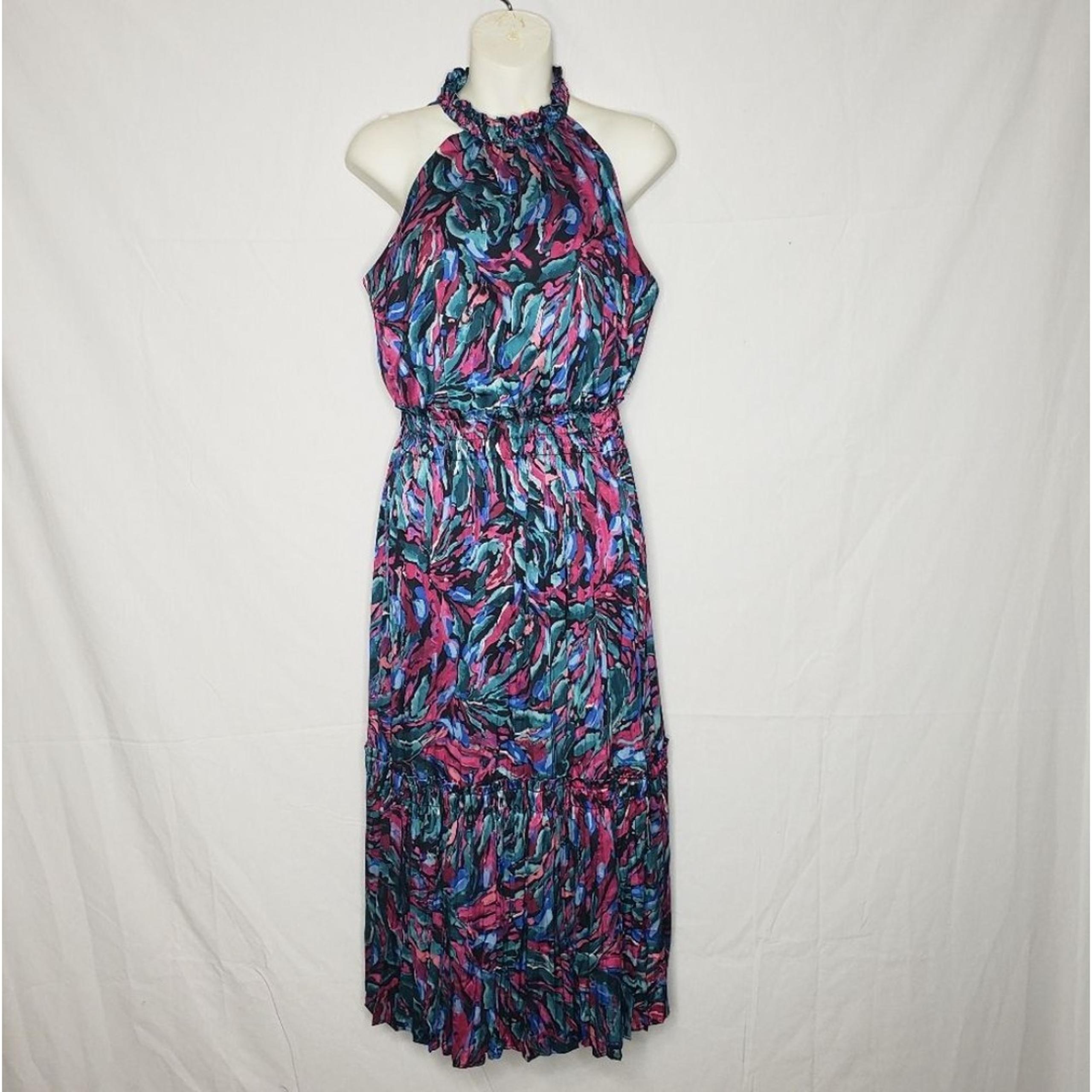 Nicole Miller Womens Halter Silky Pleated Midi Dress Size S Artsy Boho Empire