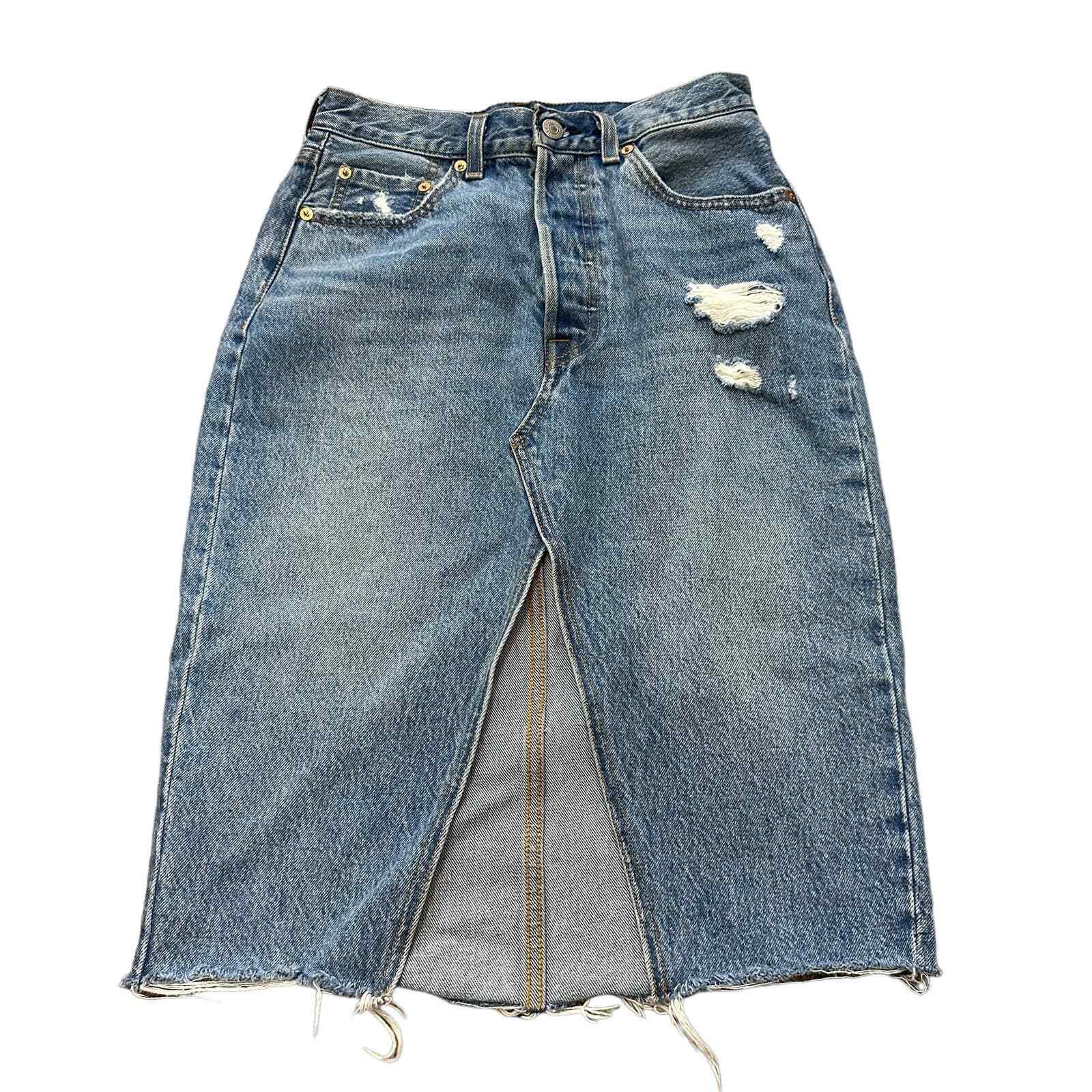 Levis Big E Distressed Denim Button Fly Skirt with V slit size 26