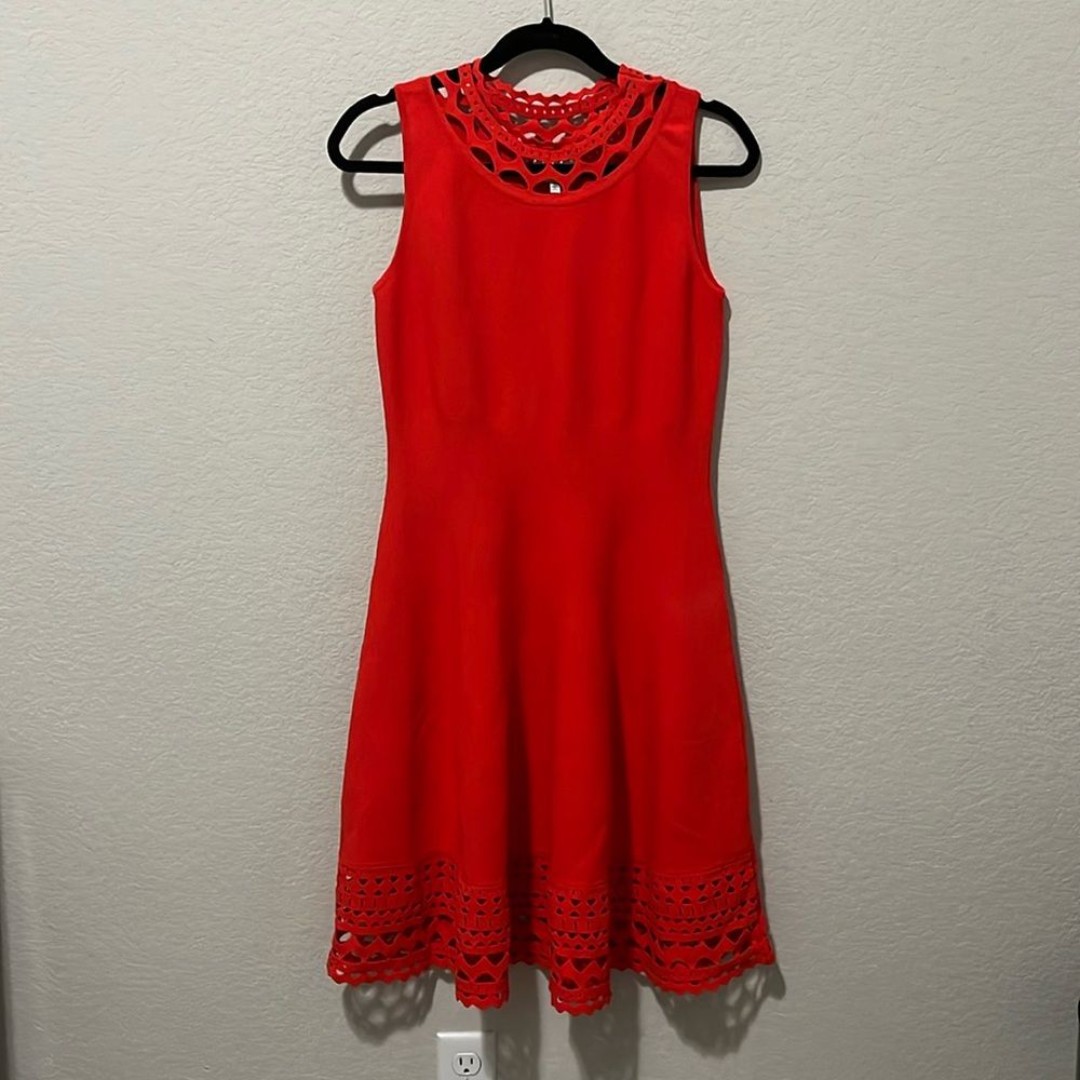 MILLY Red A-Line Fit & Flare Swing Knit Dress with Cutout Detail, Size L