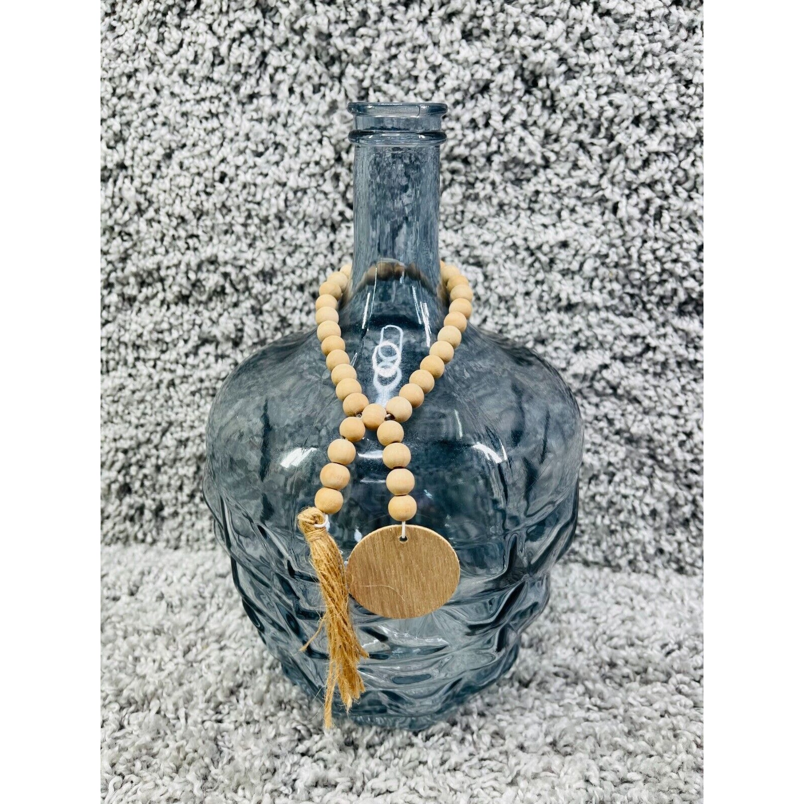 Blue Art Glass Bottle Vase With Round Wooden Beaded Tassel Garland 11 X5
