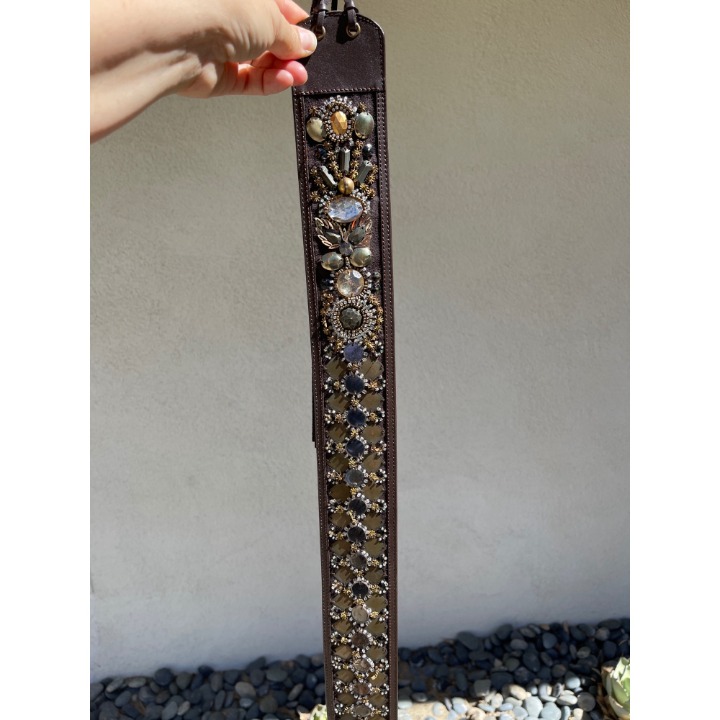 Leather Belt Womens Brown Bohemian Mirror Bead Metal Embellished