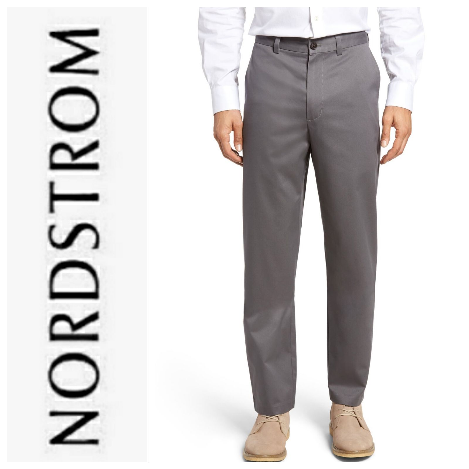 NWT Nordstrom Classic Relaxed Fit Double Pleated Cotton Pant Grey 33x34 80