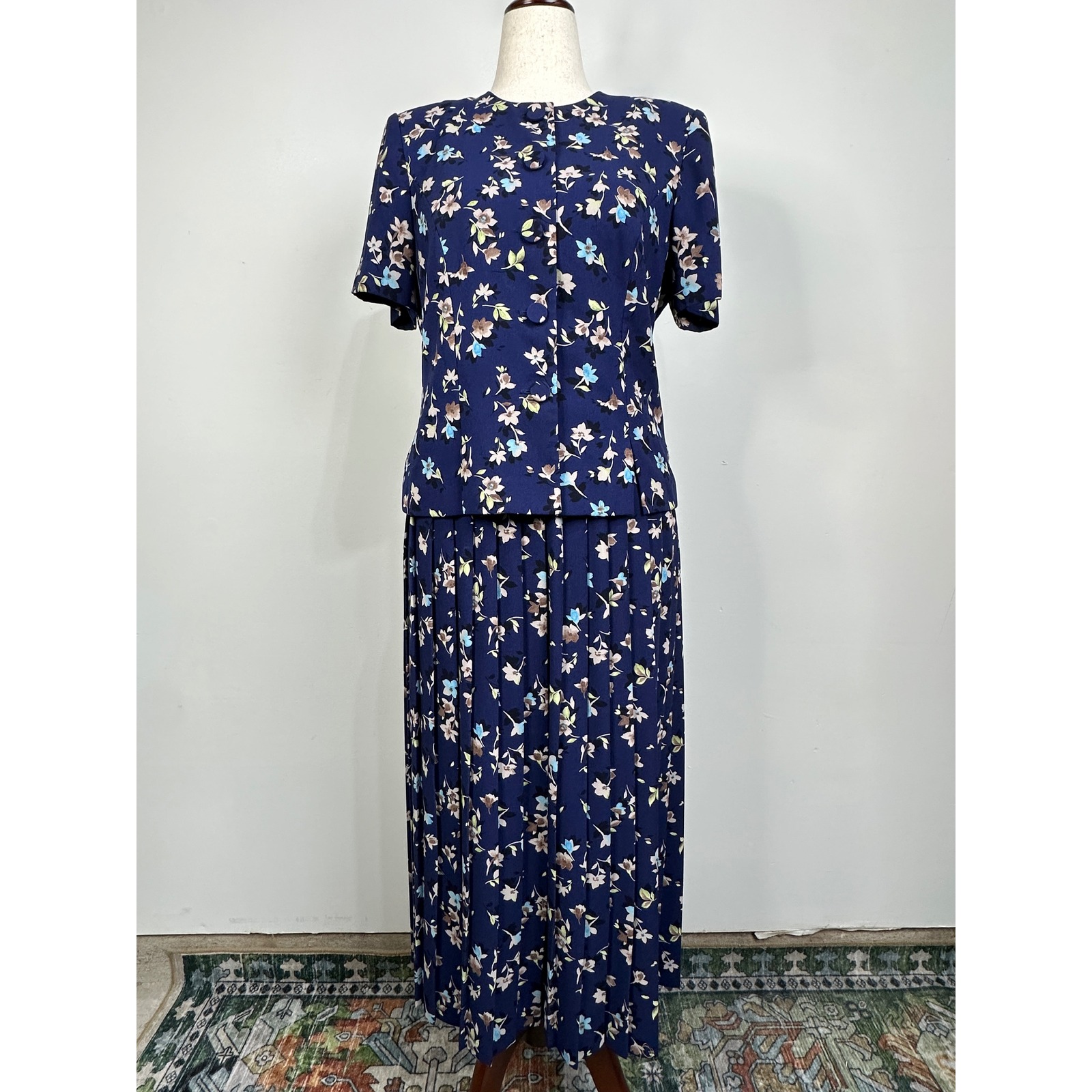 Leslie Fay 80's/90's Floral Skirt Set Pleated Midi Dress Career Outfit Size 10