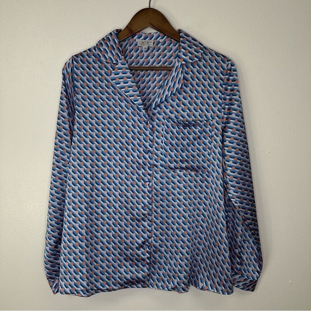 Anna Kay Geometric Print Long Sleeve Button Up Pajama Top Blue Size L