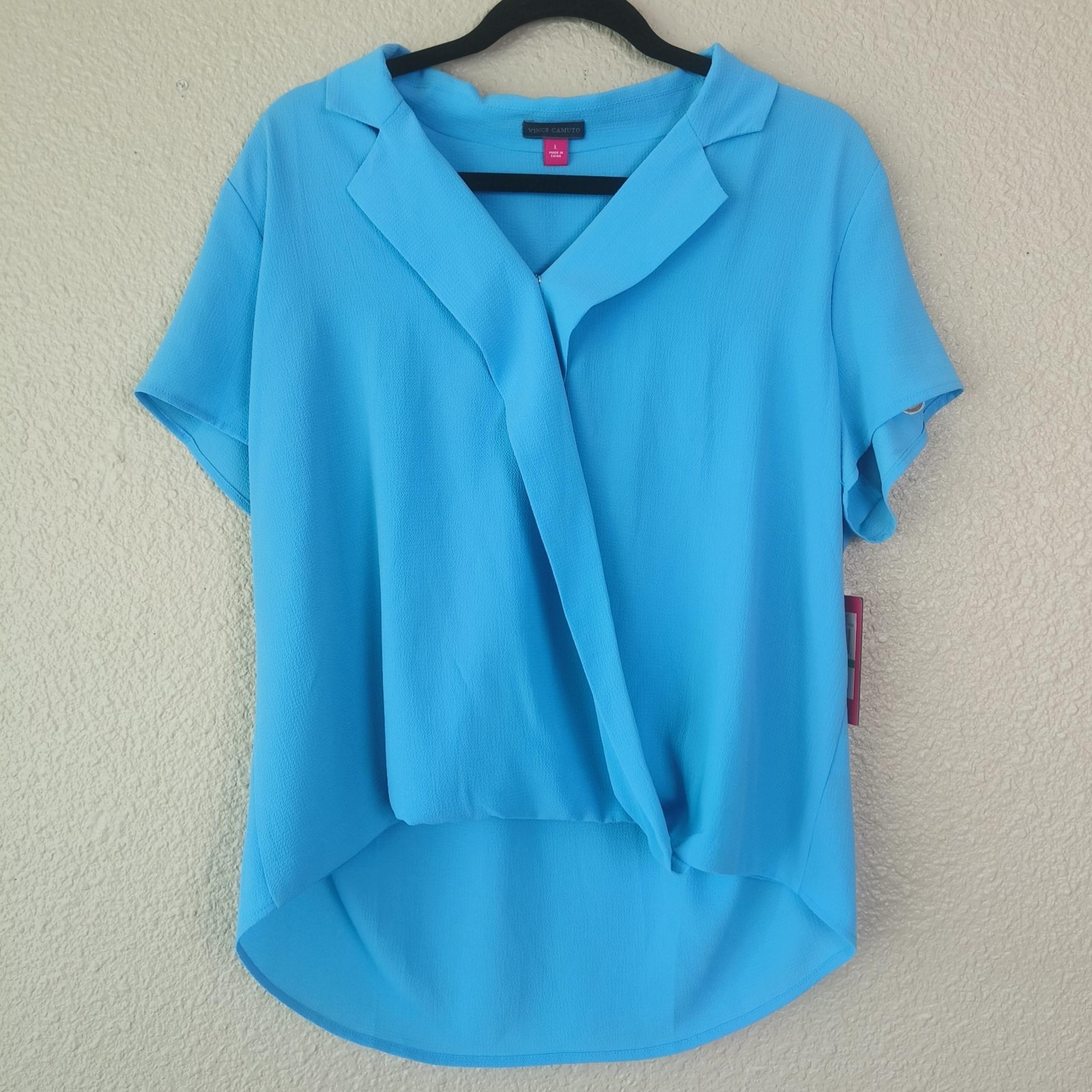NWT Vince Camuto Turquoise Blue Collared Top Blouse Size L Short Sleeve Textured