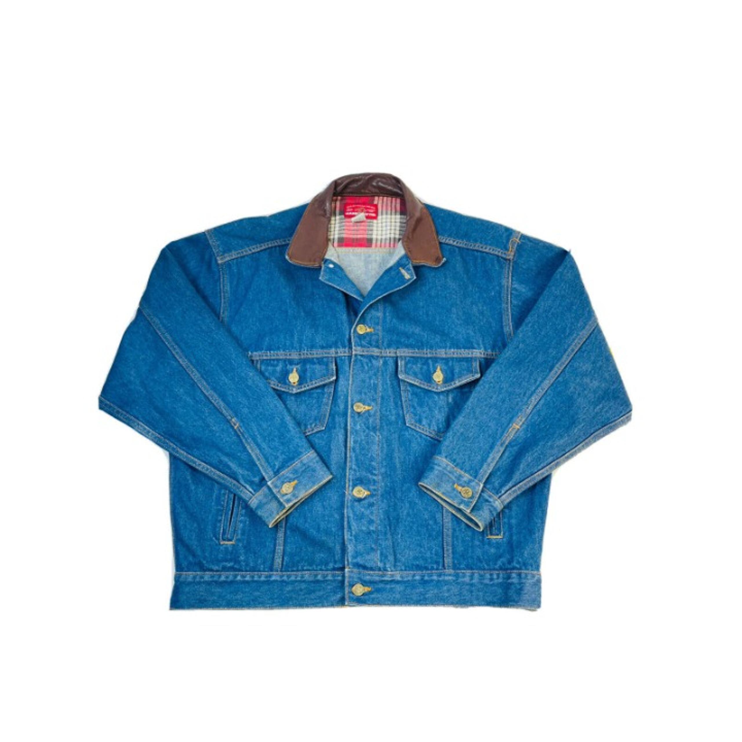 VTG 90s Marlboro Country Store Mens L Leather Collar Denim Jean Button Jacket