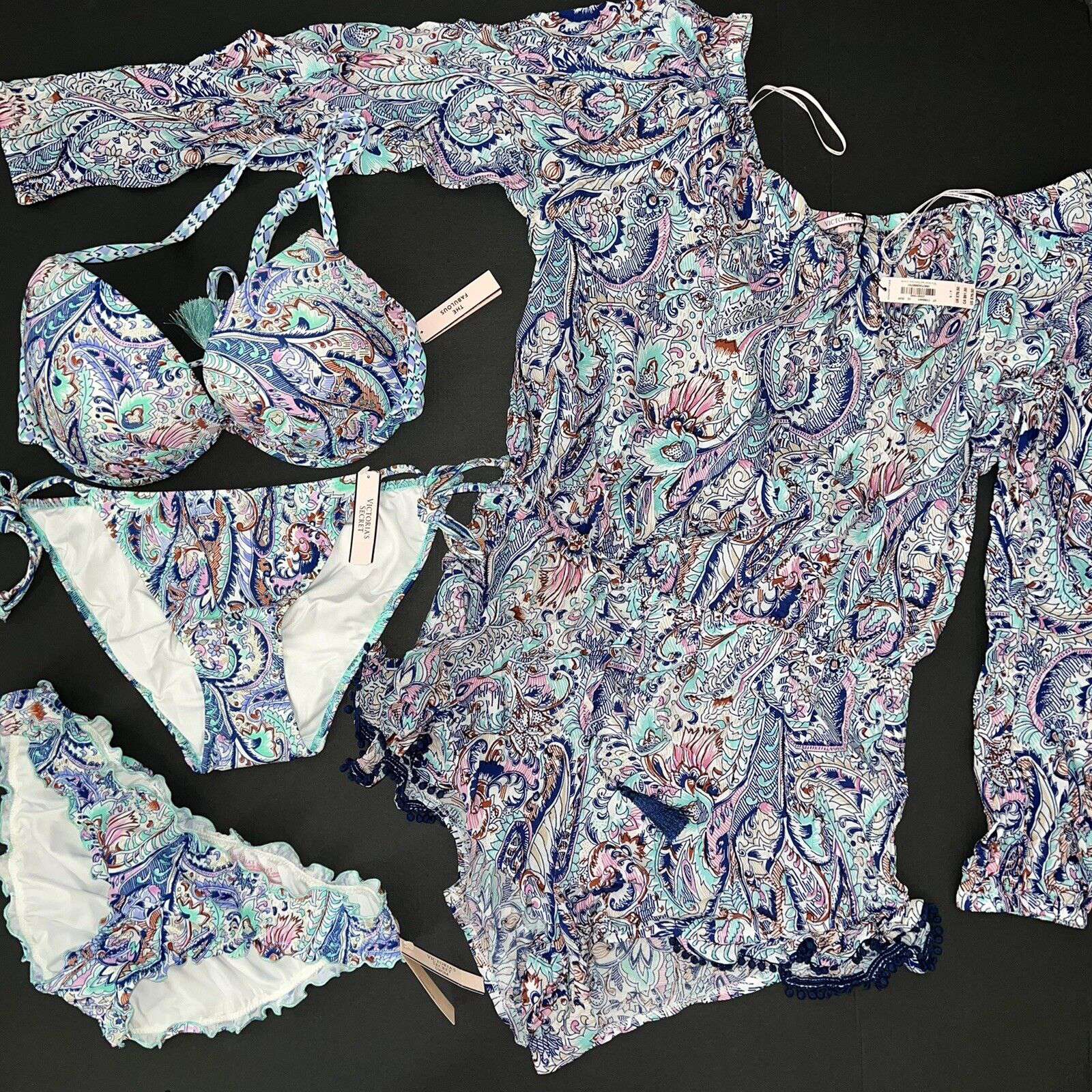 Victoria's Secret 32B,34C,34D BIKINI+S BOTTOM lot+ROMPER COVER UP BLUE PAISLEY