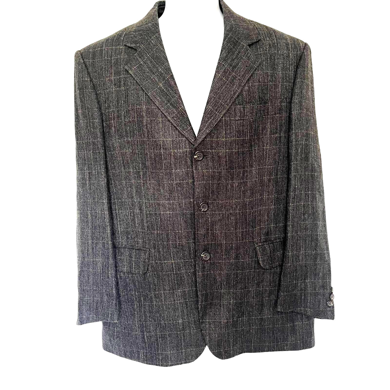 ETHOMAS Nerano Silk Wool Blend Mens Blazer Size 39S Gray Tan WindowPane Italy