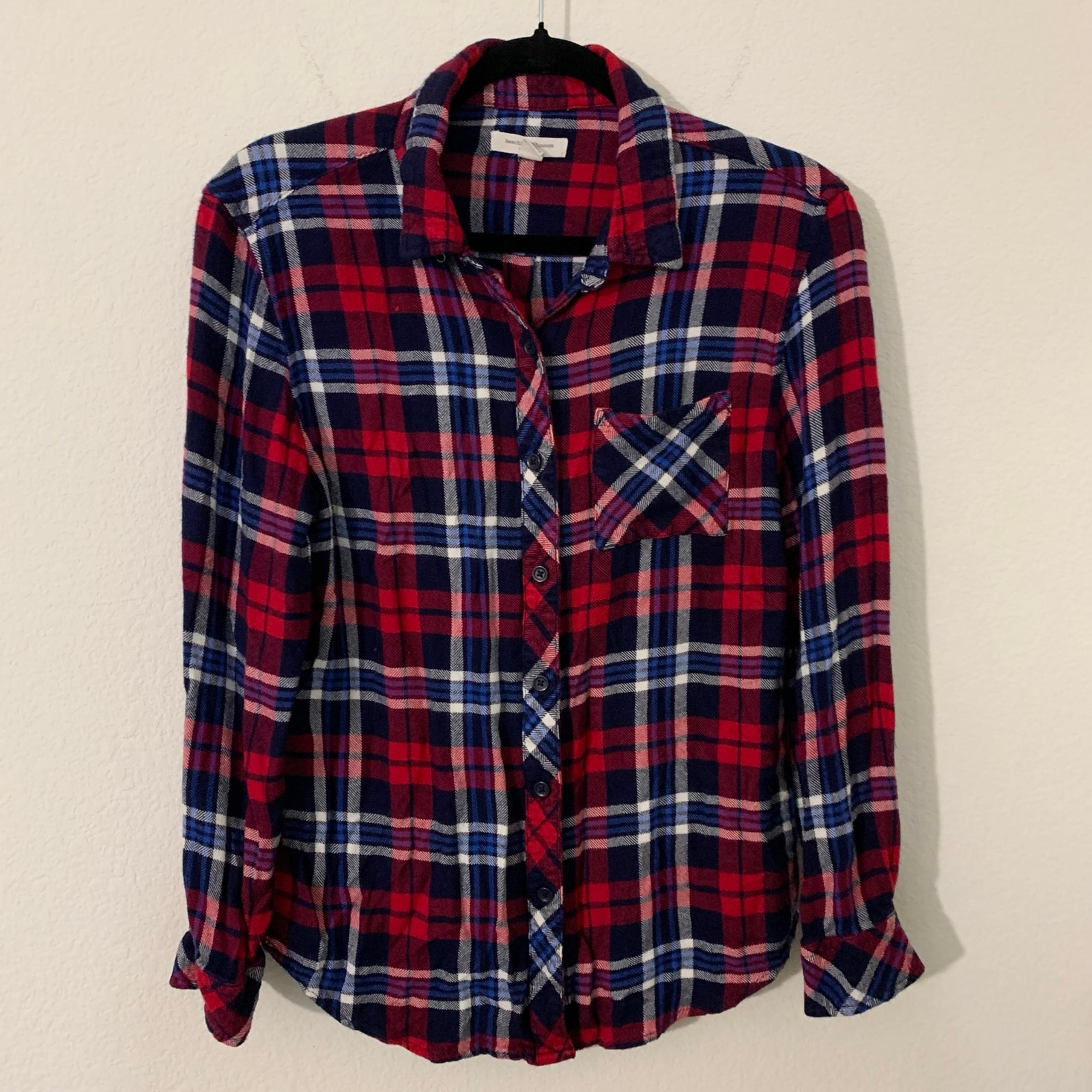 Beach Lunch Lounge Women’s Plaid Shirt M Red Black Collar Long Sleeve Button