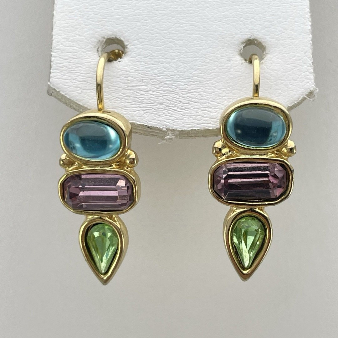 Vintage Premier Designs Gold Tone Blue Purple Green Glass Rhinestone Earrings
