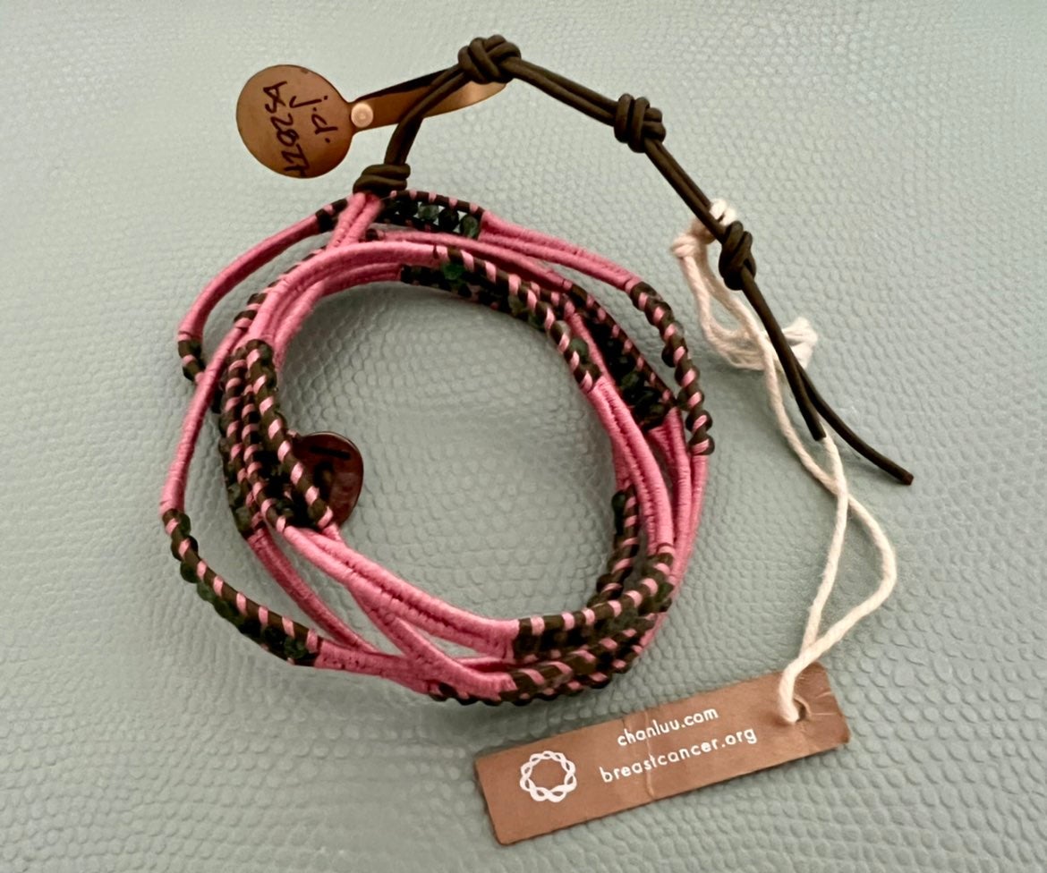 Chan Luu Five Wrap Pink Bracelet featuring green gem stones