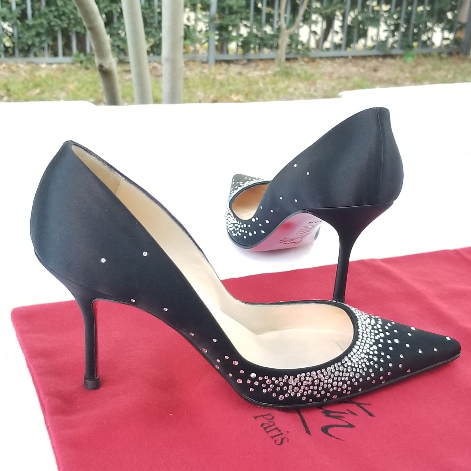 Christian Louboutin Follies black silk heels With Swarovski Crystals