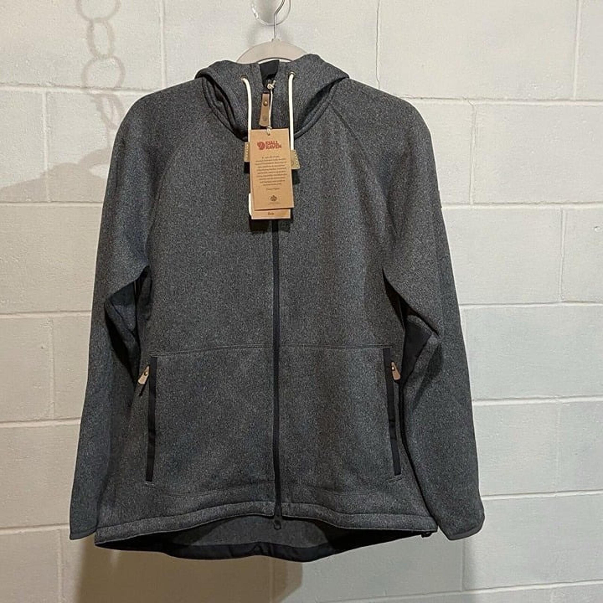 $170 Fjallraven Women's Ovik Fleece Hooded Jacket LARGE Dark Grey Full Zip
