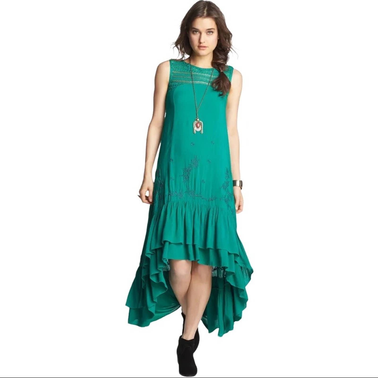 Free People Embroidered Crochet High/Low Green Dress S
