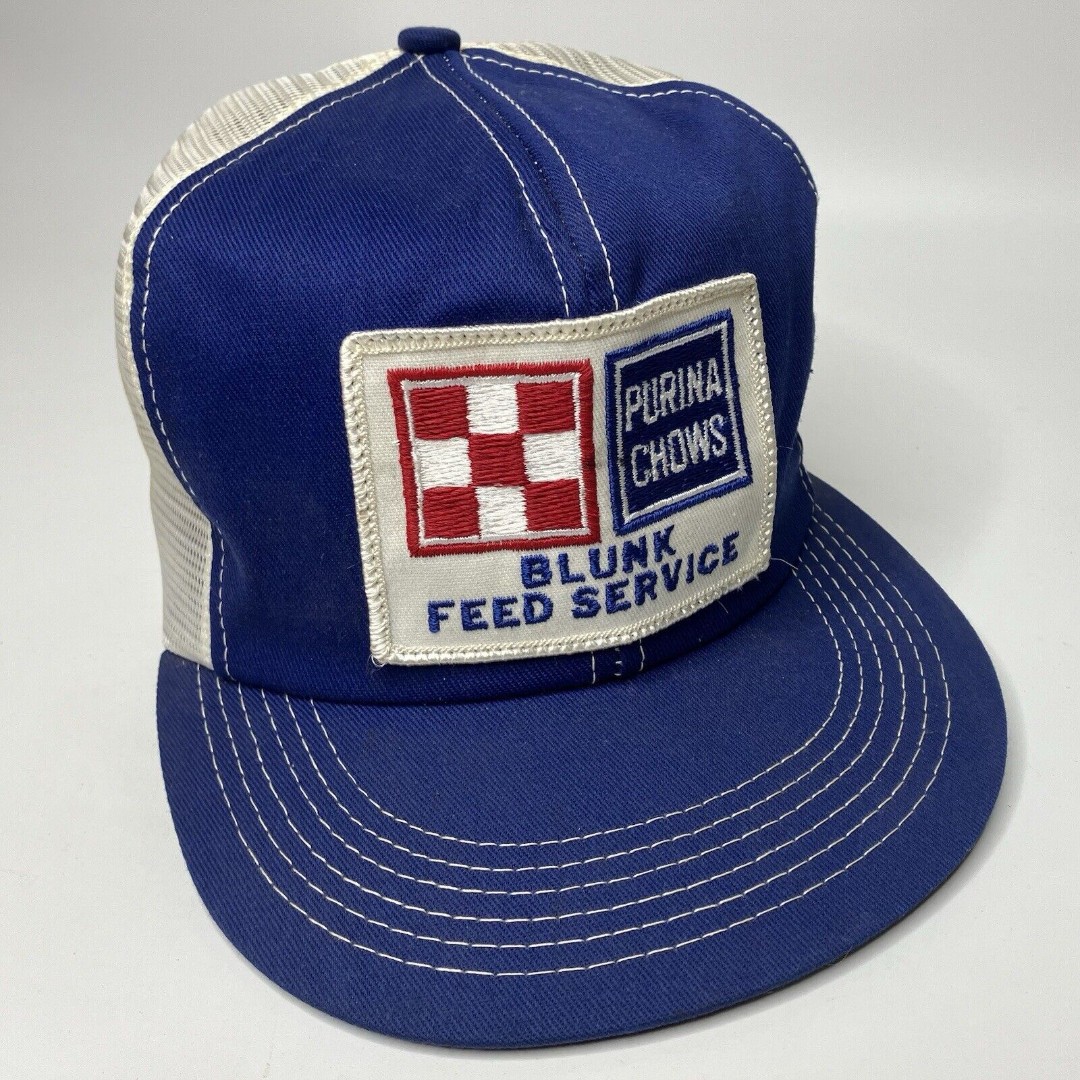 Vtg Purina Chow Blunk Feed Trucker Farmer Hat Cap K Products Patch Mesh Snapback