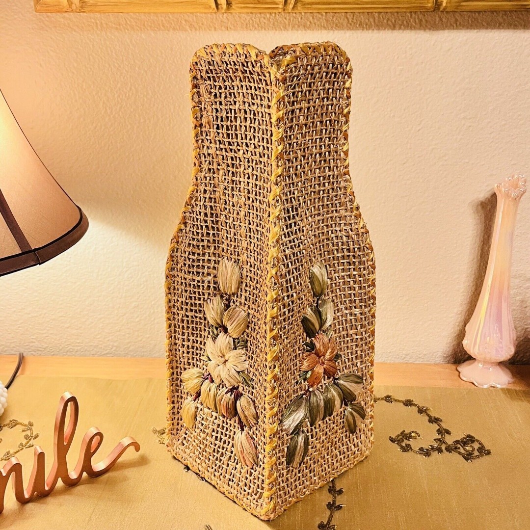 VTG Handmade Woven Hemp Decorative Floral Square Vase with Raffia Embroidery New