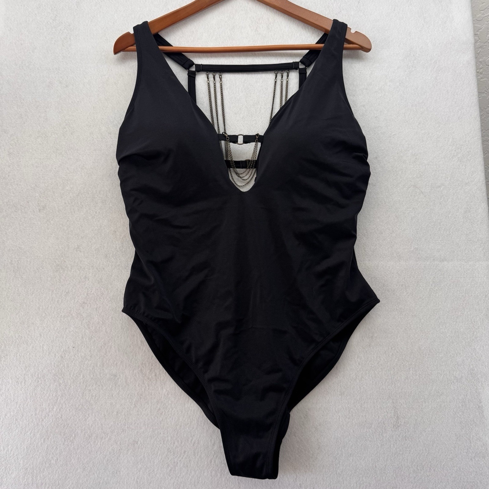 Ashley Graham Swimsuits for All Black V Neck Chain Accents One Piece Swimsuit 18