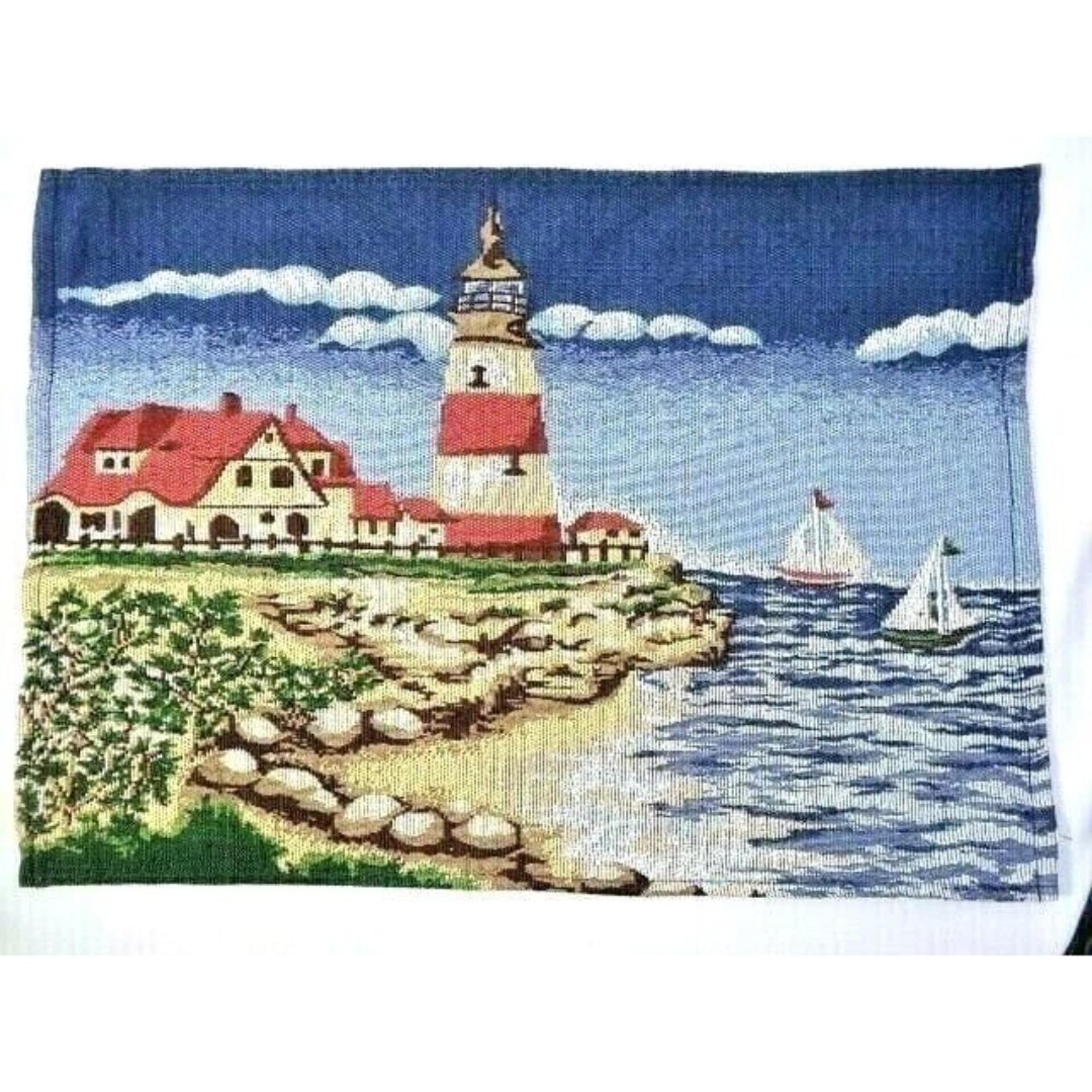 Lighthouse Sailboats Tapestry Placemats 2-Piece Beach House Seashore Blue Tan - Unique Vintage