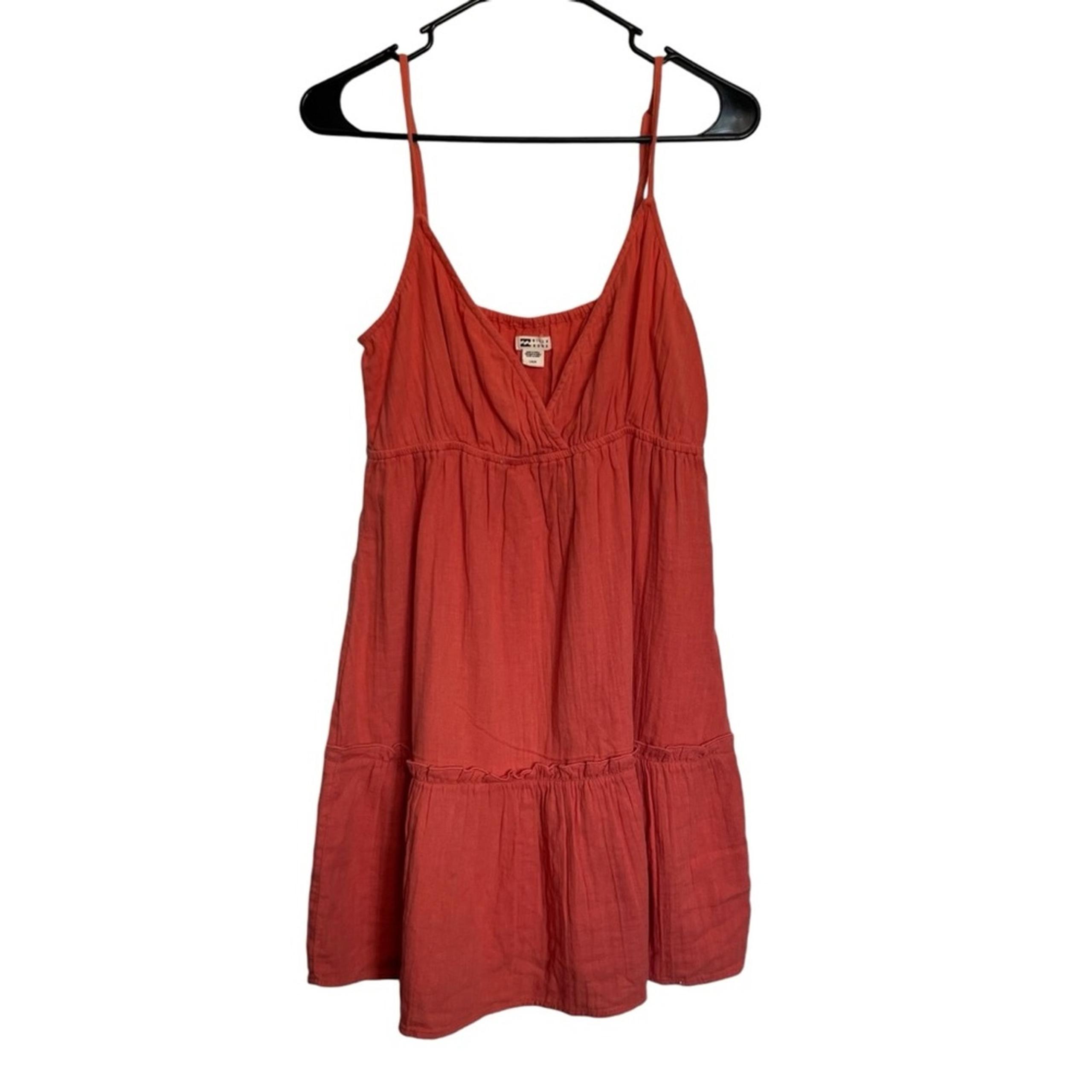 Billabong Tiered Gauze V-Neck Mini Dress Coral Orange Coastal Beach Size Large