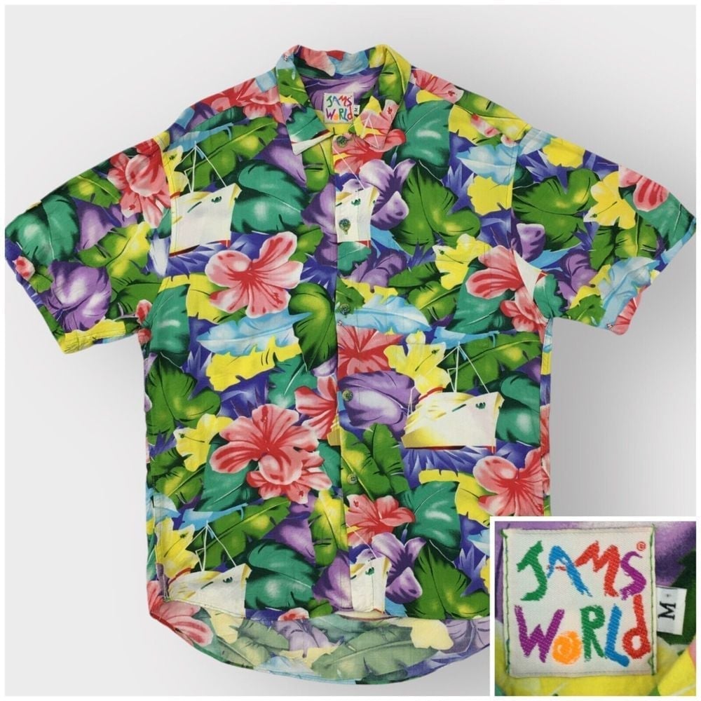 Vintage Jams World Mens Size M Multicolor Button Up Hawaiian Camp Shirt Cruise