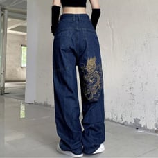2021 new American retro embroidery jeans women street hip-hop wild wide-leg pant