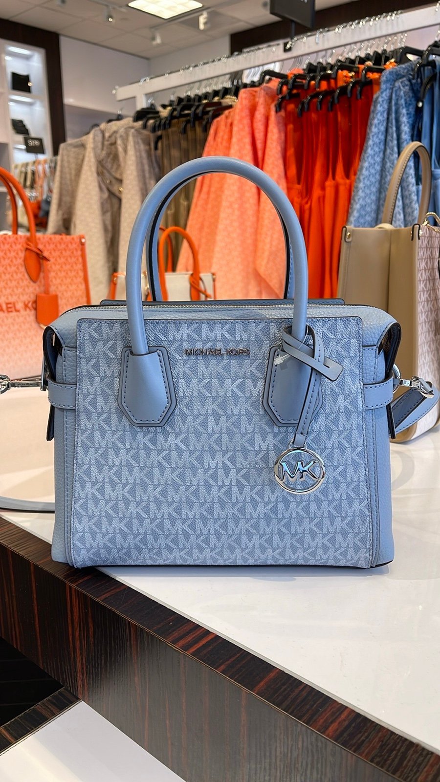 MICHAEL Michael Kors Mercer Small Top Zip Logo Belted Satchel Pale Blue MK NWT