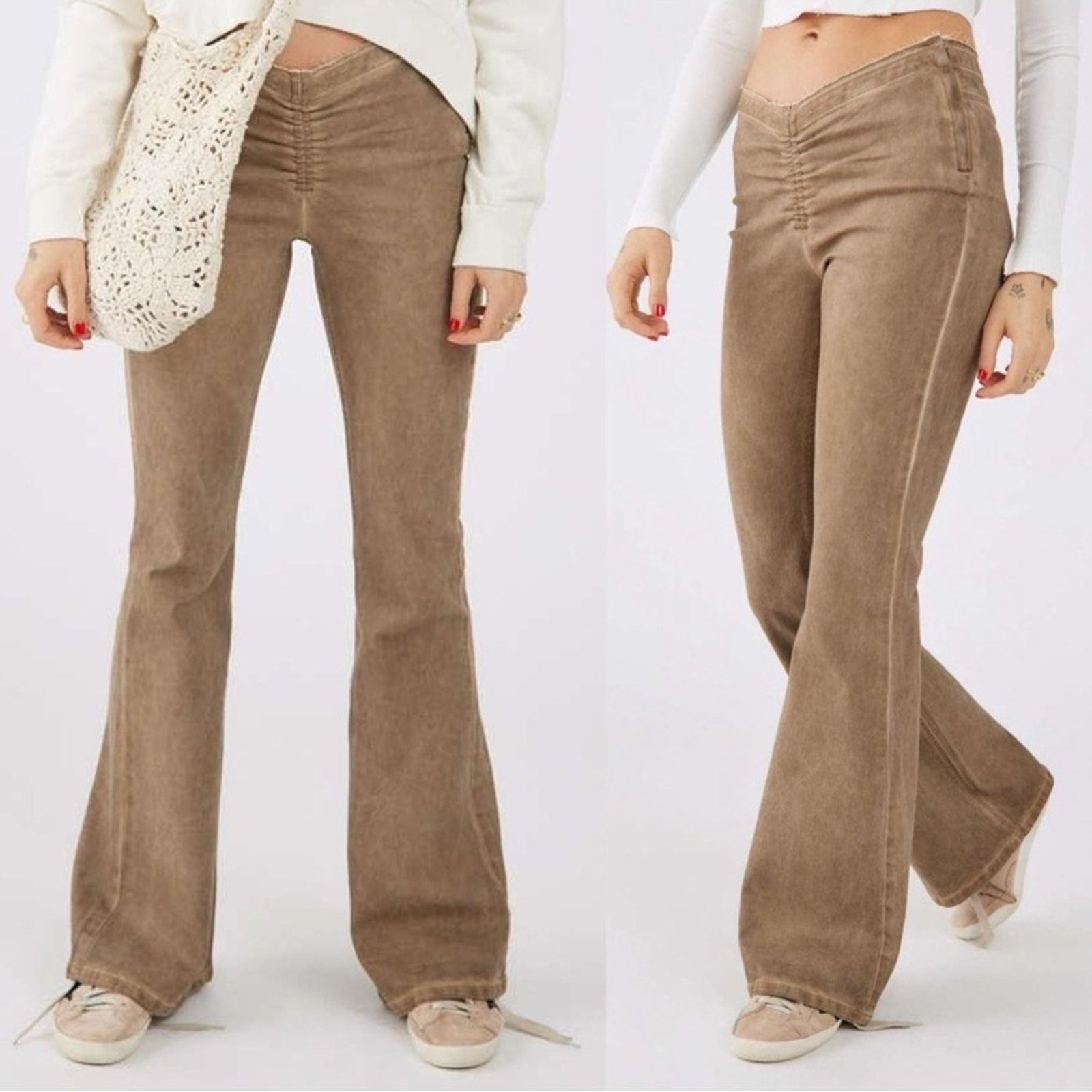 UO BDG Y2K Low Rise Ruched Dipped V Front Flare Jeans Grunge Tan 25 Distressed