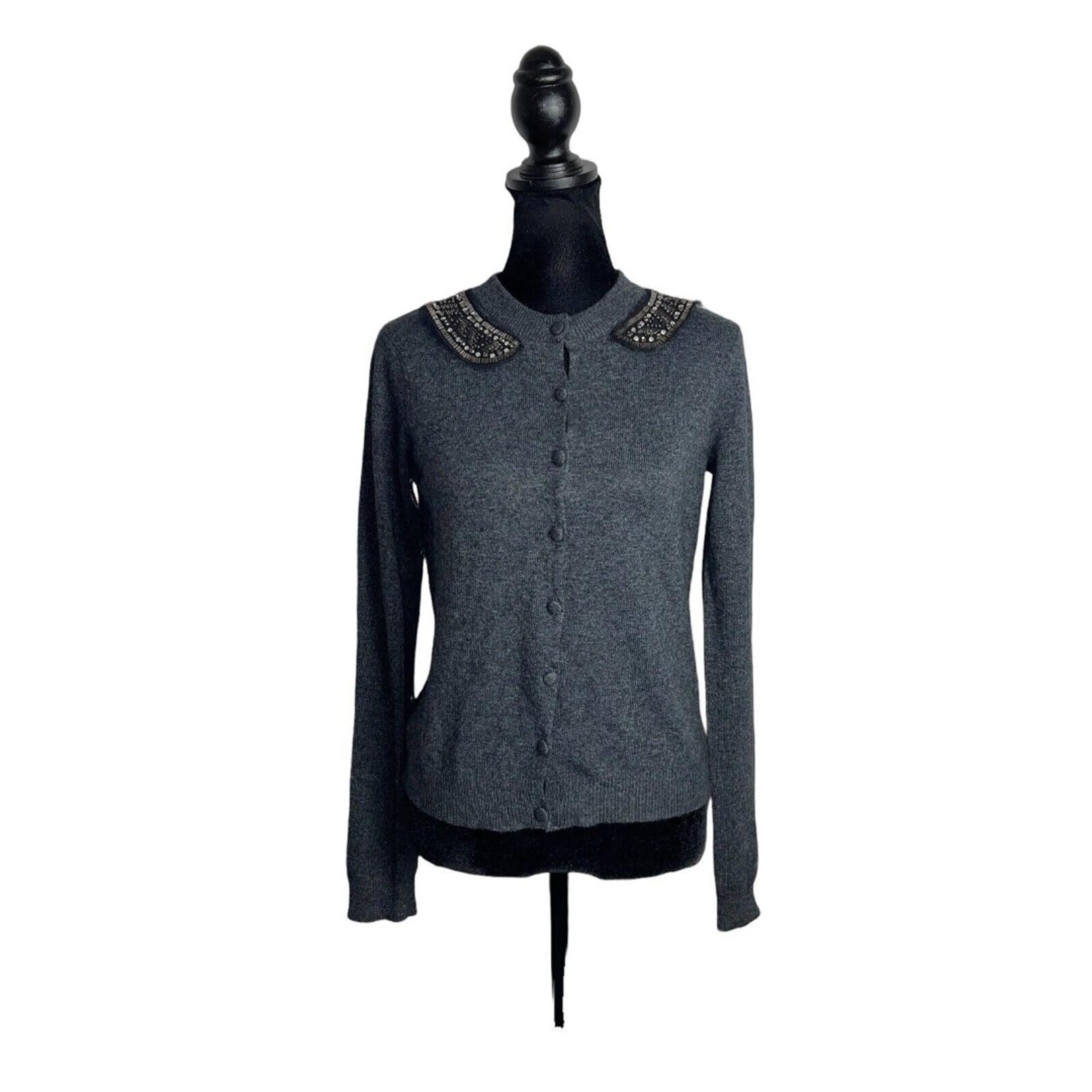 Rebecca Taylor Gray Lambswool Cashmere Embellished Button Cardigan Sweater M