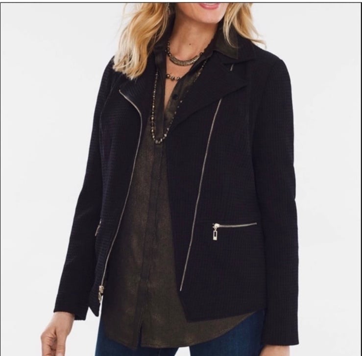 Chico's Black Modern Moto Jacket Blazer Waffle Knit Animal Print Baddie Size 2P