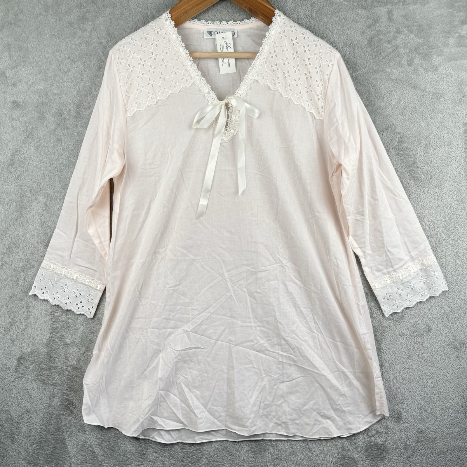 VTG Priamo Light Pink Lace Long Nightgown Womens M Modest Victorian Eyelet NWT