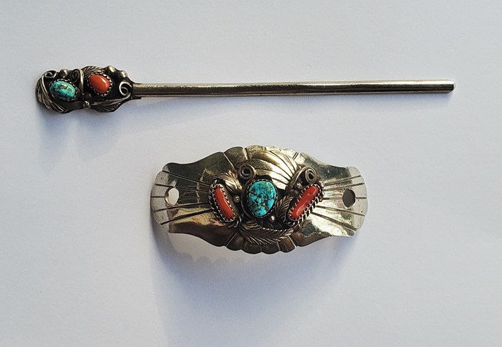 Large Vintage Handmade Turquoise Sterling Silver Hair Pin Native Made